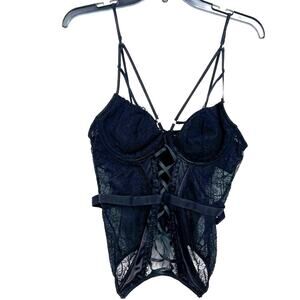 Shirley of Hollywood Black Lace Belted Adjustable Corset Button Up Top Sexy XL